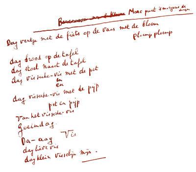 Paul van Ostaijen, Origineel handschrift van "Marc groet 's morgens de dingen" Het gedicht Marc groet 's morgens de dingen zou volgens sommige bronnen geinspireerd zijn op de schilderijen van Franz Marc Taal