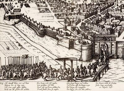 Frans Hogenberg , De intrede van Farnese te Antwerpen op 27 augustus 1585. Schilderkunst na de val van Antwerpen