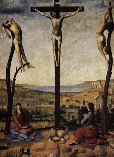 Antonello da Messina, Calvarie groep, 15e eeuw. Italiaanse en Franse primitieven in Vlaams Openbaar bezit