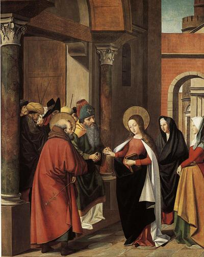 Omgeving van de Meester van Sint-Sebastiaen, Het huwelijk van de Maagd, 15e eeuw. Italiaanse en Franse primitieven in Vlaams openbaar bezit