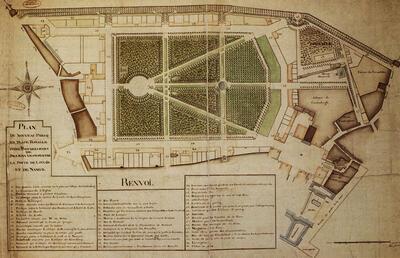 Plan van het nieuwe Park (de Warande) en van het Koningsplein, gelegen tussen de Leuvense en Naamse Poort te Brussel, Omstreeks 1780. 18e eeuwse architectuur