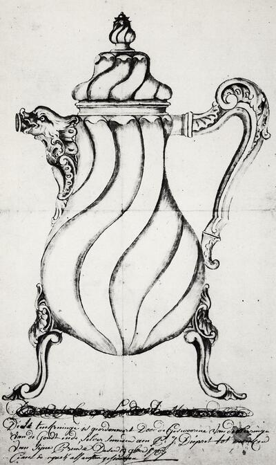 Tekening van de meesterproef voor P.J. Dupret, 1767. Tafelzilver