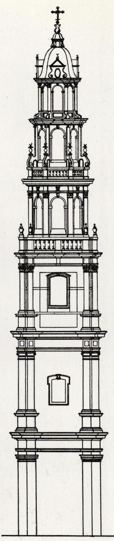 De Jezuïetenkerk, Brussel. Het originele ontwerp van de toren. Barokarchitectuur