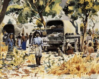 Léon Dardenne (1865 -1912). Twee Portugese handelaars met "ossewa" op de Katumberivier. 1899. Afrika