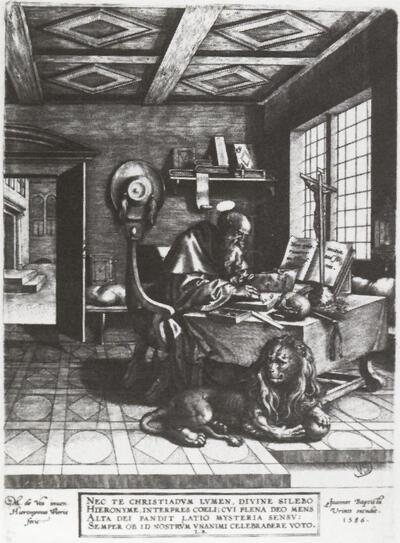 Hiëronymus Wiericx (Antwerpen 1553-1620). De H. Hiëronymus als kerkvader. Prent, prentkunst