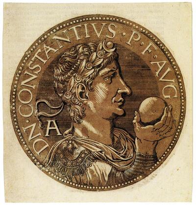 Hubert Goltzius (Venlo 1526-Brugge 1583). Portret van Constantius II. Prent en prentkunst