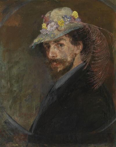 James Ensor (1860-1949). Ensor met de bloemenhoed. 1883. Hypocrisie en ijdelheid in het profane portret.