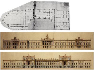 Paleis voor Schone Kunsten, Tekening van J.-P. Cluysenaar: de voor- en achtergevel, met grondplan. Brussel,