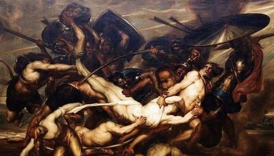 Antoine Wiertz. Grieken en Trojanen vechten om het lichaam van Patroklos. 1844. Wiertzmuseum, Brussel