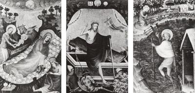 De geboorte van Jezus, de Verrijzenis en de H. Christoforus, 1400.