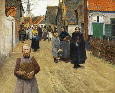 Frans van Leemputten (1850-1914). Brooduitdeling op het dorp. Dorpslandschap.