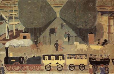 Gust de Smet (Gent 1877-Deurle 1943). Eerste trein in de Groendreef te Brussel. 1934/35. De wereld van trein en station.