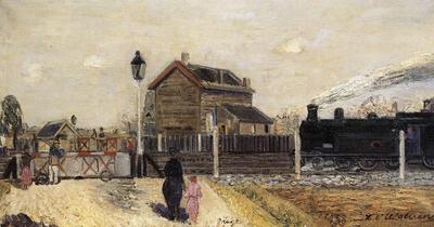 Henri-V. Wolvens, pseudoniem voor Henri-Victor Wolvenspergens (Brussel 1896-Brugge 1977). De overweg. 1938. De wereld van trein en station.