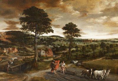 Jan Metsijs (1509-1575). Elia bij Elisa. Dorpslandschap