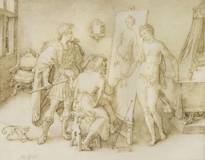 Johan Wierix (Antwerpen 1549 - na 1615). Het atelier van Apelles. 1600. Museum Mayer van den Bergh, Antwerpen