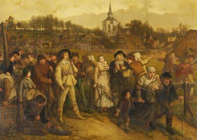 Jozef Lies (1821 -1865). De vijand nadert! Dorpslandschap.