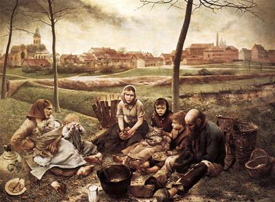 Leon Frédéric (1856-1940). De krijtverkopers. 1882. Dorpslandschap.