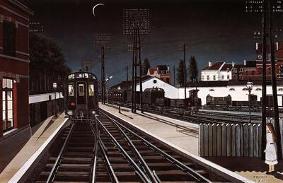 Paul Delvaux (Antheit 1897). Treinen bij avond. 1957. De wereld van trein en station.