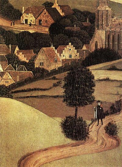 Petrus Christus (?-1472/73). De bewening van Christus. Dorpslandschap.