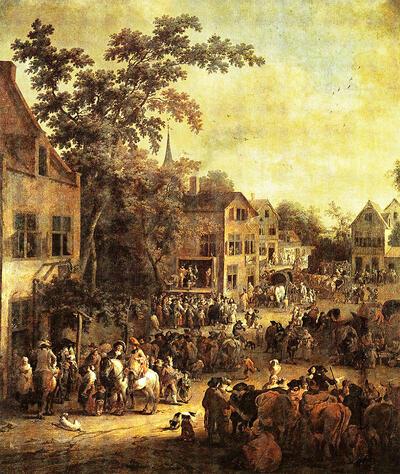 Pieter Bout (1658-1719). Dorpsjaarmarkt. Dorpslandschap.