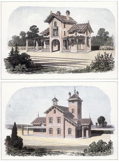 Tekening van een stationshuisje te Zandbergen en te Ternat. De wereld van trein en station.