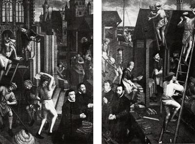 Twee bouwtafereeltjes uit de 16e-eeuwse anonieme 'Triptiek der vier gekroonden'. Sted. Museum Broodhuis, Brussel.  Gotisch bouwen in Brabant.