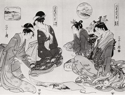 Chôbunsai Eishi (1756-1829). Sneeuw bij avond op Ukifune en Avondlicht op Hashihime, uit de reeks Acht gezichten voor de Genji-roman, overgebracht in de Vlottende wereld (Ukiyo Genji hakkei). 1796. Japanse prentkunst