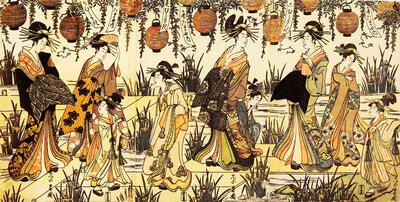 Chôkôsai Eishô (werkzaam in de jaren 1790). De courtisanes Komurasaki, Hanamurasaki en Wakamurasaki van het huis Kado Tamaya, gekomen om de irissen te bewonderen. 1795. Japanse prentkunst