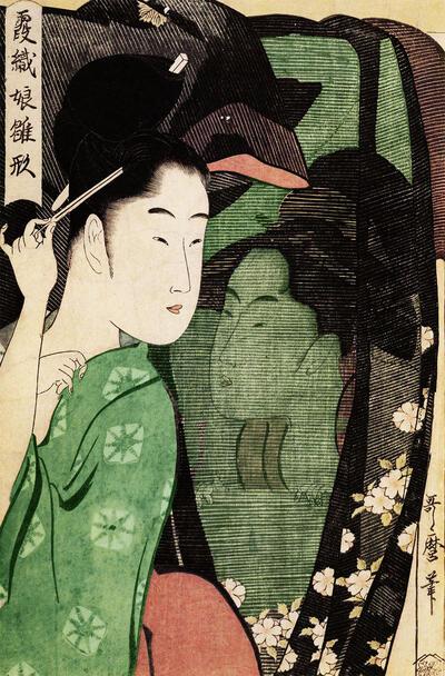 Kitagawa Utamaro (1753-1806). Vrouwenportretten in buste, uit de reeks Jonge vrouwen. Door stoffen versluierde vormen (Kasumiori musurne hinagata). ca 1796. Japanse prentkunst