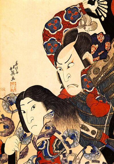 Shunkôsai Hokuei. Busteportretten van de toneelspelers Nakamura Utaemon III en Iwai Shijaku, in de rollen van Kumagai Jirô Naozane en Atsumori, in het stuk Genpei tsutsuji, ver­toond te Osaka in de 2e maand van 1832. Japanse prentkunst