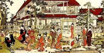 Torii Kiyonaga (1752-1815). Blinde-mannetje-spelen in de tuin van de Kankanrô. 1794.. Japanse prentkunst