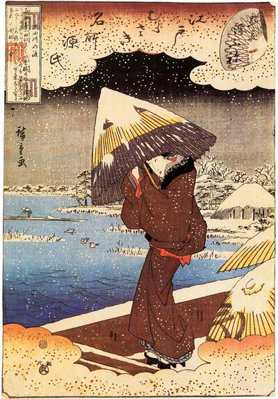 Utagawa Hiroshige (1797-1858), Mitate d'Ukifune of wachten op het veer aan de Sumidarivier; uit de reeks Beroemde gezichten op Edo, in verband met de Genji-roman van dame Murasaki (Edo Murasaki meisho Genji), 1844. Japanse prentkunst