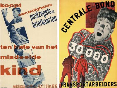 G. Kiljan, Affiche ten bate van het misdeelde kind, 1931, Paul Schuitema, Affiche voor de transport arbeidersbond, 1928,