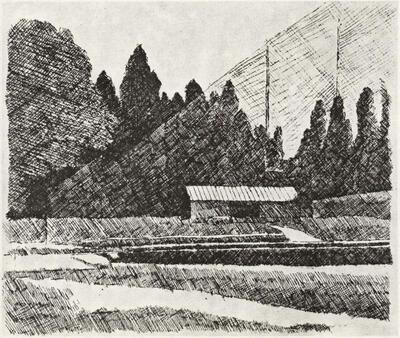 Giorgio Morandi, Tennisveld in de tuin van Margaretha te Bologna, ets, 1923.