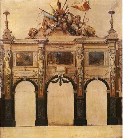Hendrik Leys (1815-1869). Ontwerp voor een triomfboog ter gelegenheid van de Rubensfeesten te Antwerpen in 1840. Stadsversieringen