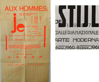 Henri Chopin, Affiche voor festival van concrete poëzie, 1969. Gerrit Rietveld, Tentoonstellingsaffiche voor 'De Stijl', 1960.