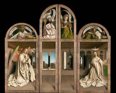 Hubrecht en Jan van Eyck, Het Lam-Godsretabel met gesloten luiken, detail 'De boodschap aan Maria',