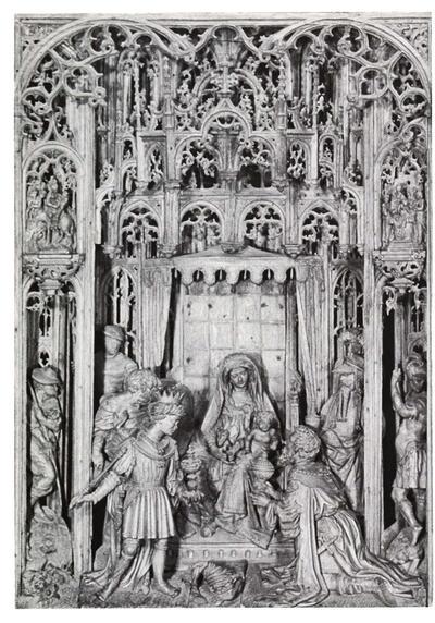 Mariaretabel (detail, centraal vlak: Aan­bidding der Wijzen). Brussel, ca 1520