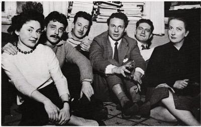 Nellie en Serge Vandercam, Walter Korun, Gianni Bertini , Edouard en Si monne Jaguer bij Vandercam (december 1955). Taptoe