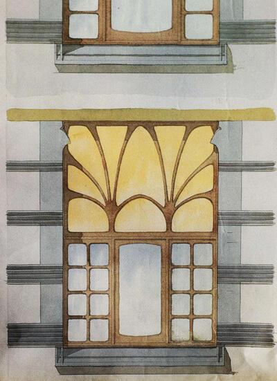 Paul Hankar (1859-1901). Ontwerptekening voor een raam van het Hotel Renquin, Brussel, 1898. Art Nouveau