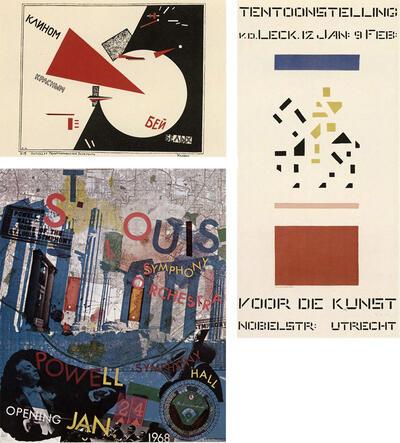 El Lissitzky, 'Sla de Witten met de rode wig', 1919, verzameling Van Toorn. Bart van der Leek, Tentoonstellingsaffiche met het schilderij 'Ruiter' uit 1918. Robert Rauschenberg, Concertaffiche voor het 'St.-Louis symphony orchestra', 1968,