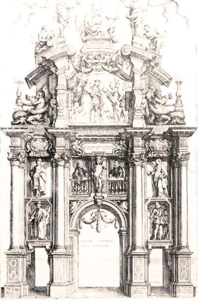 Theodoor van Thulden, Achterzijde van de boog van Philips, ets, G. Gevartius, o.c. 1642. Stadsversieringen