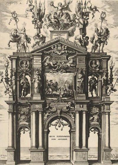Theodoor van Thulden, Voorzijde van de boog van Ferdinand, ets, G. Gevartius, o.c. 1642.