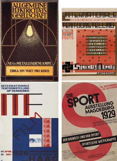 Peter Behrens, Affiche voor het elektriciteitsbedrijf, 1910. H. Th. Wijdeveld, Tentoonstellingsaffiche, 1929. Piet Zwart, Affiche voor een filmtentoonstelling, 1928. Walther Dexel, Affiche voor een sporttentoonstelling, 1929,