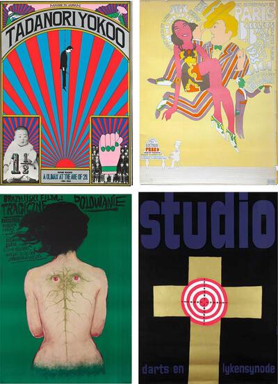 Tadanori Yokoo, Een climax op 29-jarige leeftijd', 1965. Seymour Chwast, 'Een eerbetoon aan Arthur Freed', concertaffiche, 1967. Franciszek Starowieysky, Affiche voor de Braziliaanse film 'Tragische jacht', 1967. Jan Bons, Affiche voor toneelgroep Studio, 1969,