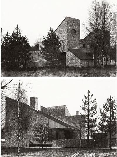 Atelier Vanhout en Schellekens, Woning Klaver.  Privéwoning voor gezin met vier kinderen. Goordijk 27, Oud-Turnhout. 1975, baksteen, beton en hout. Braem