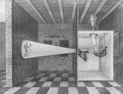 Oudste afbeelding van een toverlantaarn in 'Ars Magna Lucis et Umbrae', 1643. Laterna Magica