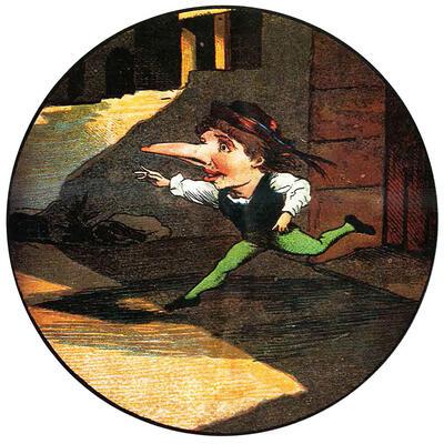 Dwerg Neus. Gedrukt decalqueerbeeld voor de Laterna Magica. Duits, omstreeks 1880. Laterna Magica