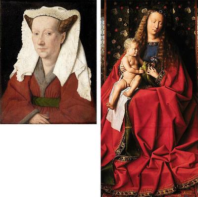 Jan van Eyck,  Portret van Margaretha van Eyck, 1439, Madonna met kanunnik Joris van der Paele (detail), 1436, Etienne Elias