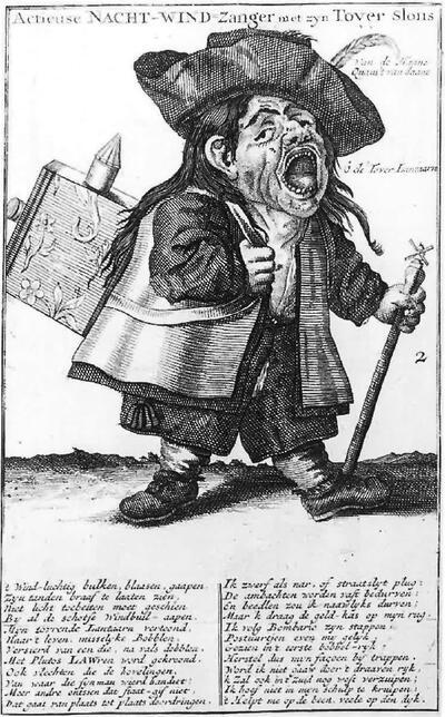 'O de Tover-Lantaarn'. Noordnederlandse kopergravure naar de stijl van Callot, 1720. Laterna Magica